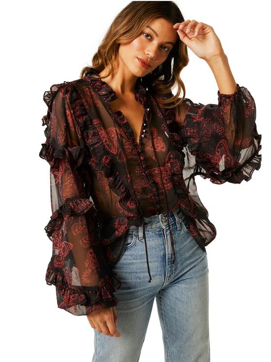 Misa Los Angeles Tops - MISA Los Angeles Frida Butterfly Sheer Blouse Ruffle Puffy Sleeves sz XS X-Small
